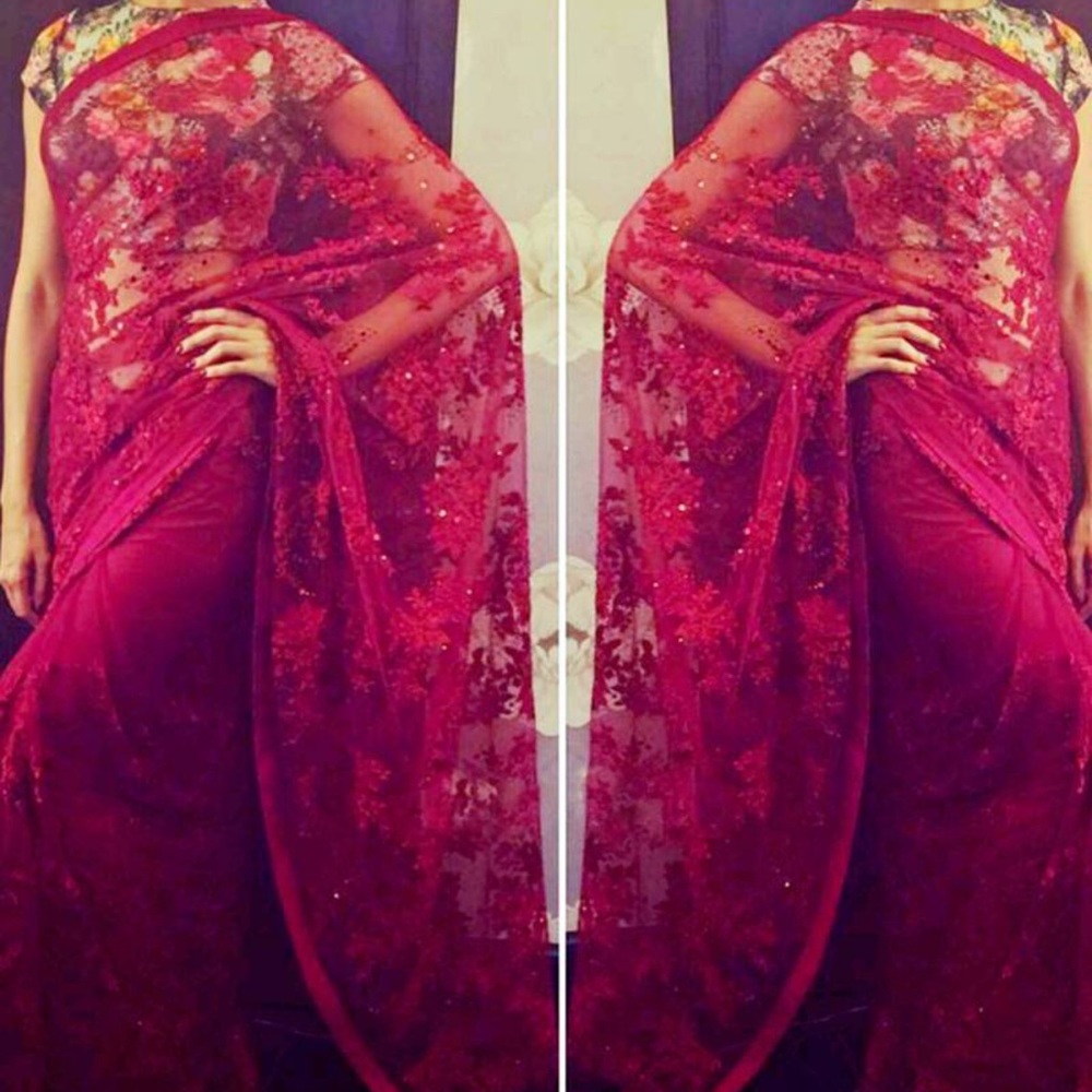 Burgundy red net sari Bollywood style with fringe